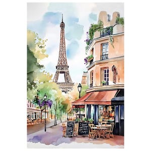 Paris Street Café with Eiffel Tower  Watercolor Art Print Romantic Paris decor Parisian street scene