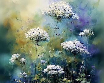 Queen Anne's Lace Floral Print: Textured Impasto Wildflower Field (Matte Paper)