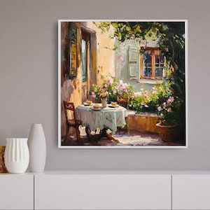 May include: A painting depicting a patio scene with a table set for tea, surrounded by lush greenery and flowers. The patio is next to a building with a window and a door. The painting is executed in a painterly style with vibrant colours.