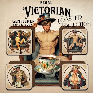 Puede incluir: Conjunto de cuatro posavasos con ilustraciones de hombres con ropa de época victoriana. Los posavasos son marrones con un borde beige y un diseño dorado. El texto "REGAL VICTORIAN COASTER COLLECTION GENTLEMEN SINCE 2024" está impreso en la parte superior de la imagen.