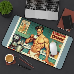 Vintage Hunk Desk Mat, Queer Art, Gay Bodybuilder, LGBTQ Decor, Gay Pride Office, Vintage Artwork, Laptop Desk Pad, Computer Accessory, +18