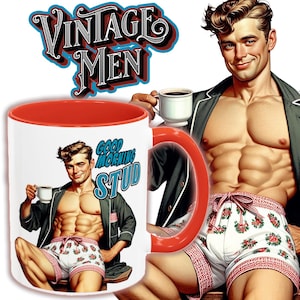 Morning Men Coffee Mug Stud (11oz, 15oz),Vintage Art, gay mug, Office Decor, Unique Gay Gift, Vintage, Pulp, Hot Men Mug, LGBTQ+ Art,