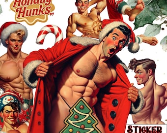 Holiday Hunks Vintage Male Santa Stickers | Hot Men festive Sticker,Nostalgic Muscle, Winter Season Sticker,Gay Gift For Christmas