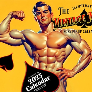 Calendario vintage da uomo 2025, arte vintage, calendario gay, arredamento per ufficio, regalo gay unico, vintage, pulp, calendario da uomo hot, arte LGBTQ+, 18+