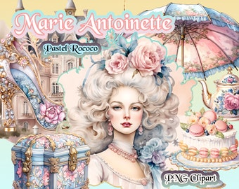 Marie Antoinette stylized Watercolor Clipart, Pastel Rococo clipart set, Card Making,Digital Paper Craft instant download for commercial use