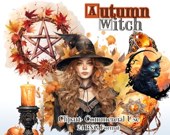 Fall Witch Clipart, Watercolor Halloween PNG, journaling, Autumn witch card, witchy clipart, Digital instant download for commercial use