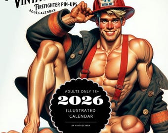 2026 Vintage Men Firefighter Calendar, Vintage Art, gay Calendar, Office Decor, Unique Gay Gift, Vintage, Pulp, Hot Men Calendar, LGBTQ+,18+