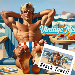 Toalha de praia Surfer Hunk, toalha de arte vintage, presente gay exclusivo, homens atraentes, toalha de praia retrô, homens vintage