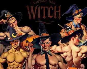 Halloween Vintage Male Witch Stickers | Hot Men Fall Sticker,Nostalgic Muscle, Spooky Season Sticker,Gay Gift For Halloween, Kindle Sticker