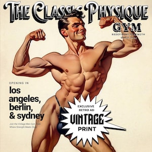 Impresión de póster vintage de The Classic Physique Gym, impresión inspirada en anuncios retro, póster gay, decoración de oficina gay, póster de hombres calientes, impresión gay retro