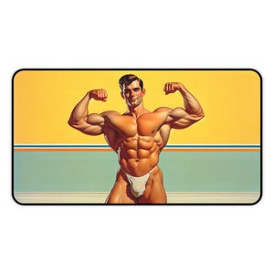 Vintage Bodybuilder Desk Mat, Queer Art, Gay Bodybuilder, LGBTQ Decor, Gay Pride Office, Vintage Artwork, LaptopPad, Computer Accessory, +18