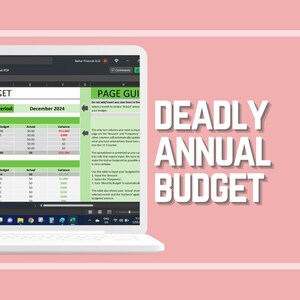 Op de afbeelding: Een laptopscherm dat een groen-witte spreadsheet toont met de titel "Uw jaarlijkse budget". De spreadsheet bevat kolommen voor inkomsten en uitgaven, met categorieën zoals "Netto-inkomsten", "Wonen & rekeningen" en "Andere uitgaven". De spreadsheet bevat ook een "Pagina-gids" sectie met instructies over hoe de spreadsheet te gebruiken.