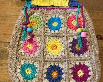 Beige Granny Tote (multicoloured squares)