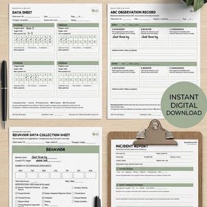 K&ouml;nnte beinhalten: Vier druckbare Formulare f&uuml;r Praktiker mit den Titeln Data Sheet, ABC Observation Record, Behavior Data Collection Sheet und Incident Report. Die Dokumente haben salbeigr&uuml;ne Kopfzeilen, schwarzen Text und Felder f&uuml;r Klienteninformationen.