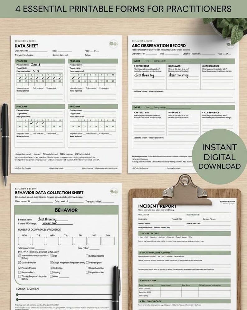 K&ouml;nnte beinhalten: Vier druckbare Formulare f&uuml;r Praktiker mit den Titeln Data Sheet, ABC Observation Record, Behavior Data Collection Sheet und Incident Report. Die Dokumente haben salbeigr&uuml;ne Kopfzeilen, schwarzen Text und Felder f&uuml;r Klienteninformationen.