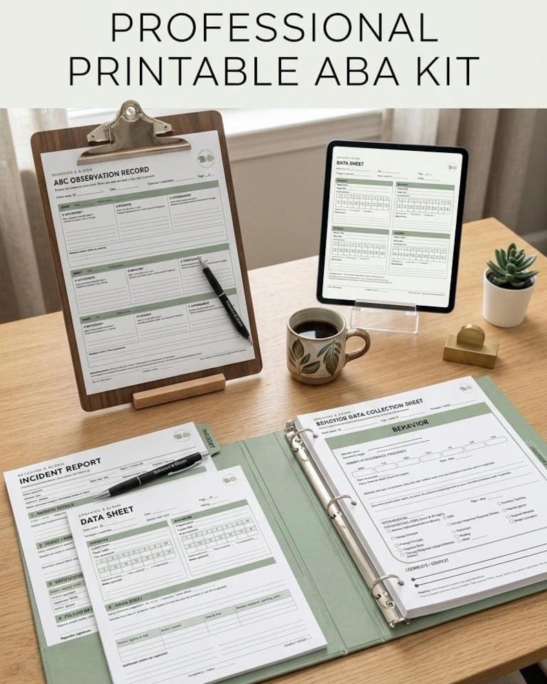 K&ouml;nnte beinhalten: Ein professionelles, druckbares ABA-Set mit einem ABC-Beobachtungsprotokoll auf einem Holz-Klemmbrett, einem Tablet mit Datenblattanzeige und einem Ringbuch mit Vorfallberichten sowie Datenbl&auml;ttern zur Verhaltensaufzeichnung in Salbeigr&uuml;n.
