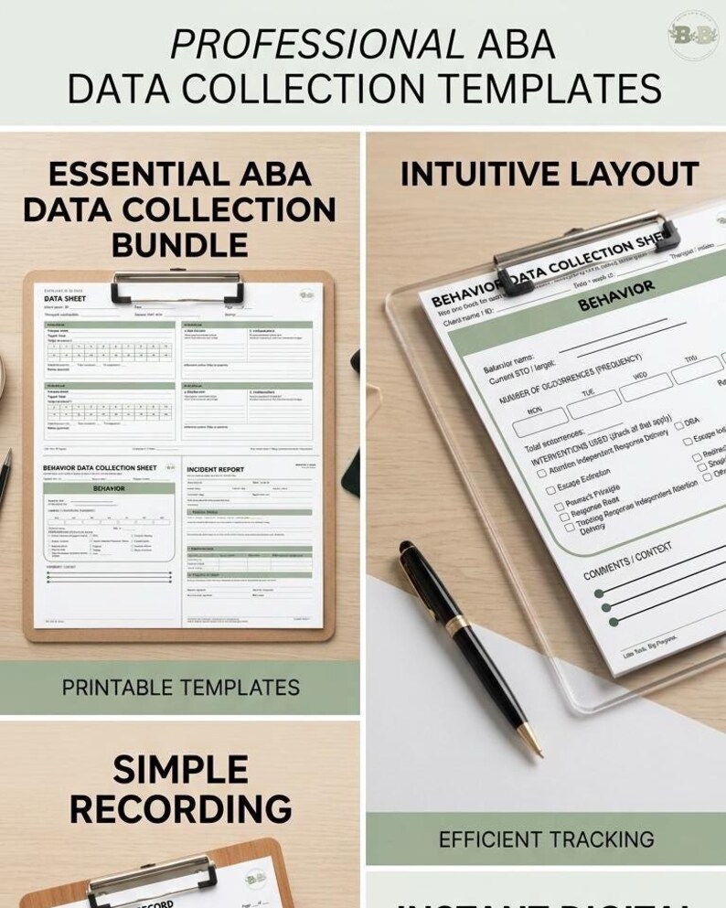 K&ouml;nnte beinhalten: Professionelle ABA-Datenerfassungsvorlagen mit einem B&uuml;ndel druckbarer Bl&auml;tter auf einem Klemmbrett. Die Dokumente enthalten Abschnitte f&uuml;r Verhaltensdaten, Vorfallberichte und H&auml;ufigkeitsverfolgung mit Kontrollk&auml;stchen f&uuml;r Interventionen und Kommentare.