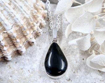 Whitby Jet Teardrop Pendant - Sterling Silver Celtic Necklace
