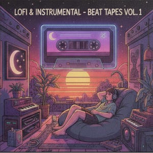 Puede incluir: Ilustración de una habitación con una persona escuchando música. La imagen presenta una cinta de cassette, una luna creciente y el texto "LOFI & INSTRUMENTAL - BEAT TAPES VOL. 1". La paleta de colores incluye morado, naranja y rosa.