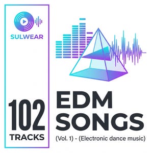 Puede incluir: Gráfico digital con el texto "EDM SONGS" y "102 TRACKS". El diseño incluye una pirámide, una onda de sonido y gráficos de ecualizador en tonos azules y morados. El logotipo "SULWEAR" está en la parte superior.
