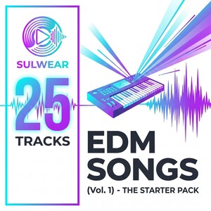 May include: A digital graphic featuring a synthesizer keyboard with white keys and a blue and purple body. The text reads "SULWEAR 25 TRACKS EDM SONGS (Vol. 1) - THE STARTER PACK" with a logo of a play button and sound waves.