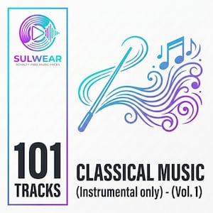 Puede incluir: Una portada de paquete de música digital en tonos turquesa y morado. La imagen presenta una batuta de director, notas musicales y líneas onduladas. El texto incluye "SULWEAR", "101 TRACKS" y "CLASSICAL MUSIC (Instrumental only) - (Vol. 1)."