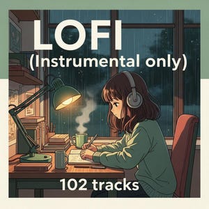 Puede incluir: Ilustración de una persona con auriculares, escribiendo en un escritorio con una lámpara encendida. La palabra "LOFI" está en la parte superior, con "(Instrumental only)" debajo. El texto "102 tracks" está en la parte inferior. La escena está ambientada en una habitación con una ventana.