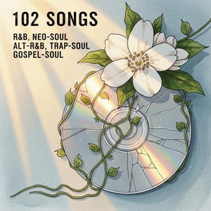 Könnte beinhalten: Künstlerische Illustration einer zerbrochenen CD, verziert mit einer weißen Blume und grünen Ranken. Der Text "102 SONGS" steht oben, mit Musikgenres darunter: R&B, Neo-Soul, Alt-R&B, Trap-Soul und Gospel-Soul. Das Bild hat eine weiche, künstlerische Ästhetik.