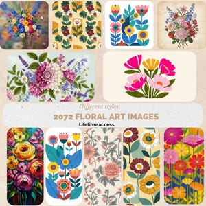Puede incluir: Una colección de imágenes de arte floral en varios estilos. La imagen muestra una variedad de arreglos florales, patrones e ilustraciones. El texto en la imagen dice "Diferentes estilos" y "2072 IMÁGENES DE ARTE FLORAL Acceso de por vida."