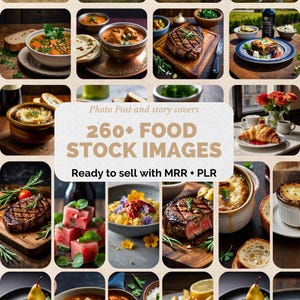 260+ fotoomslag och fotoinlägg om mat, MRR PLR-stock, matfoto, digital marknadsföring, Master Resell Rights, stockfoto