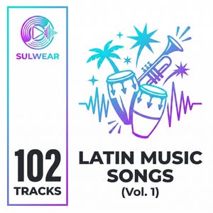 Puede incluir: Un diseño gráfico vibrante para la portada de un álbum de música latina. Presenta una ilustración estilizada de congas, una trompeta y palmeras en tonos azules y morados. El texto dice "102 Tracks" y "Latin Music Songs (Vol. 1)".