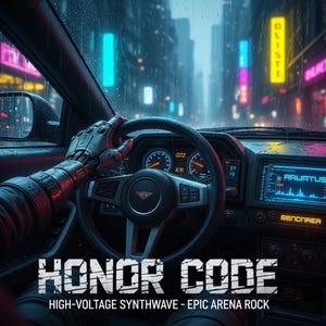 Op de afbeelding: Een futuristisch auto-interieur met een robotarm die het stuur vasthoudt. Het dashboard toont digitale displays en de tekst "RAVATUS". De afbeelding bevat de tekst "HONOR CODE" en "HIGH-VOLTAGE SYNTHWAVE - EPIC ARENA ROCK". De scène speelt zich af in een regenachtige stad.