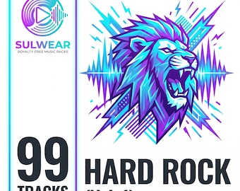 May include: A digital graphic featuring a roaring lion head in shades of blue and purple, set against a background of sound waves and lightning bolts. The text reads SULWEAR ROYALTY-FREE MUSIC PACKS, 99 TRACKS, and HARD ROCK (Vol. 1).