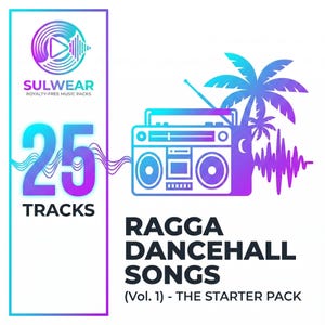May include: A vibrant graphic promoting "Ragga Dancehall Songs" with a boombox, palm trees, and sound waves. The design features a color gradient of blue and purple. Text includes "25 Tracks" and "The Starter Pack."
