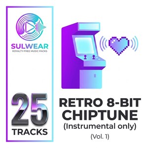 Puede incluir: Un gráfico digital que presenta una máquina recreativa de color morado y azul, un icono de corazón pixelado y el texto SULWEAR ROYALTY-FREE MUSIC PACKS, 25 TRACKS, RETRO 8-BIT CHIPTUNE (Instrumental only) (Vol. 1) en un diseño moderno.