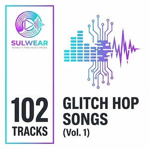 Op de afbeelding: Een promotionele afbeelding voor "SULWEAR" royalty-vrije muziekpakketten. De afbeelding bevat een logo met een afspeelknop en geluidsgolven, en de tekst "102 TRACKS" en "GLITCH HOP SONGS (Vol. 1)". Het kleurenschema bevat tinten blauw, paars en wit.