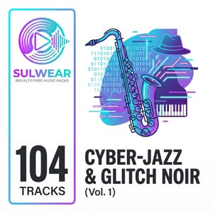 Puede incluir: Ilustración digital que promociona paquetes de música "Cyber-Jazz & Glitch Noir". El diseño presenta un saxofón, código binario, un sombrero y un teclado de piano. El texto "SULWEAR" y "104 TRACKS" también está presente.