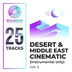 Puede incluir: Un gráfico digital para un paquete de música titulado SULWEAR 25 TRACKS DESERT & MIDDLE EAST CINEMATIC (Instrumental only) (Vol. 1). El diseño presenta una ilustración de dunas del desierto en degradado morado y azul, un icono de luna creciente y texto.