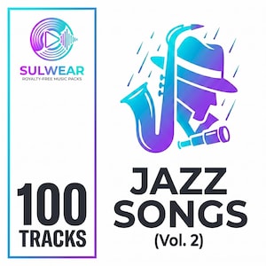 Puede incluir: Gráfico promocional para "Jazz Songs (Vol. 2)" con un saxofón, sombrero y catalejo en tonos azules y morados. El texto incluye "100 TRACKS" y el logotipo de Sulwear, que promociona paquetes de música libres de derechos.
