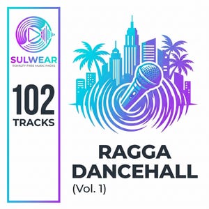 May include: A vibrant graphic for a music pack, featuring a microphone, city skyline, and palm trees in shades of blue and purple. The text reads "RAGGA DANCEHALL (Vol. 1)" and "102 TRACKS". The Sulwear logo is also visible.