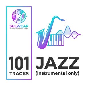 Op de afbeelding: Een promotieafbeelding voor "SULWEAR Royalty-Free Music Packs" met een saxofoon, pianotoetsen en een geluidsgolf. De tekst luidt "101 JAZZ TRACKS (Instrumental only)" in een vetgedrukte letter, met een kleurenschema van blauw, paars en wit.