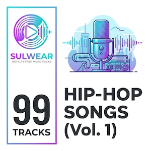 Peut inclure: Graphique numérique annonçant 99 chansons hip-hop. L'image présente un microphone, un paysage urbain et un boombox. Le texte indique "SULWEAR ROYALTY-FREE MUSIC PACKS" et "HIP-HOP SONGS (Vol. 1)". Le nombre "99 TRACKS" est également affiché.