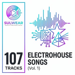 Peut inclure: Graphique numérique pour des packs de musique libres de droits. L'image présente un logo avec un bouton de lecture et des ondes sonores dans des tons de bleu et de violet. Le texte indique "SULWEAR" et "ELECTROHOUSE SONGS (Vol. 1)" avec "107 TRACKS".