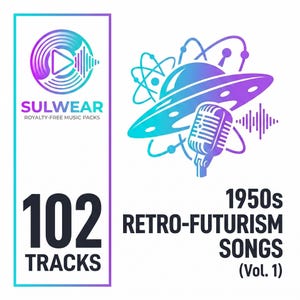 Puede incluir: Gráfico promocional para paquetes de música libres de derechos. El diseño presenta un tema retro-futurista con un OVNI estilizado, un micrófono y ondas de sonido en tonos azules y morados. Texto: "SULWEAR", "102 TRACKS" y "1950s RETRO-FUTURISM SONGS (Vol. 1)."