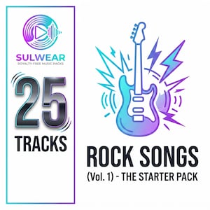 May include: A digital graphic featuring a gradient blue and purple electric guitar surrounded by lightning bolts and sound waves. The text reads SULWEAR ROYALTY-FREE MUSIC PACKS, 25 TRACKS, and ROCK SONGS (Vol. 1) - THE STARTER PACK in black and purple.