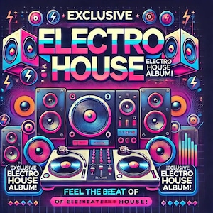 Può includere: Un design grafico colorato con le parole "EXCLUSIVE ELECTRO HOUSE ALBUM!" sullo sfondo di un mixer per DJ e altoparlanti.