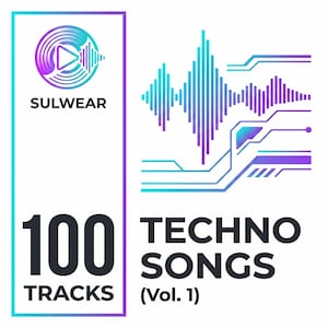 Può includere: Una copertina di album digitale con sfondo bianco. L'artwork dell'album presenta un logo con un pulsante di riproduzione e onde sonore, la parola "SULWEAR" e il testo "100 TRACKS". Sono visualizzate anche le parole "TECHNO SONGS (Vol. 1)".