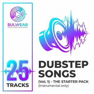Può includere: Un grafico digitale per un pacchetto musicale con un'icona di altoparlante in gradiente blu e viola con onde sonore. Il testo recita: SULWEAR ROYALTY-FREE MUSIC PACKS, 25 TRACKS, DUBSTEP SONGS (Vol. 1) - THE STARTER PACK (Instrumental only) su bianco.