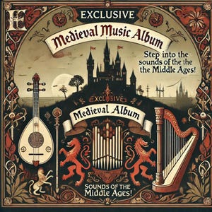 May include: A medieval music album cover featuring a castle, a lute, a harp, and a pipe organ. The text on the cover reads "EXCLUSIVE Medieval Music Album" and "Step into the sounds of the the Middle Ages!"