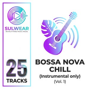 Puede incluir: Un gráfico digital que muestra una guitarra acústica con degradado morado y azul, una hoja de monstera y ondas sonoras. El texto dice SULWEAR ROYALTY-FREE MUSIC PACKS, 25 TRACKS y BOSSA NOVA CHILL (Instrumental only) (Vol. 1) en fuente sans-serif.